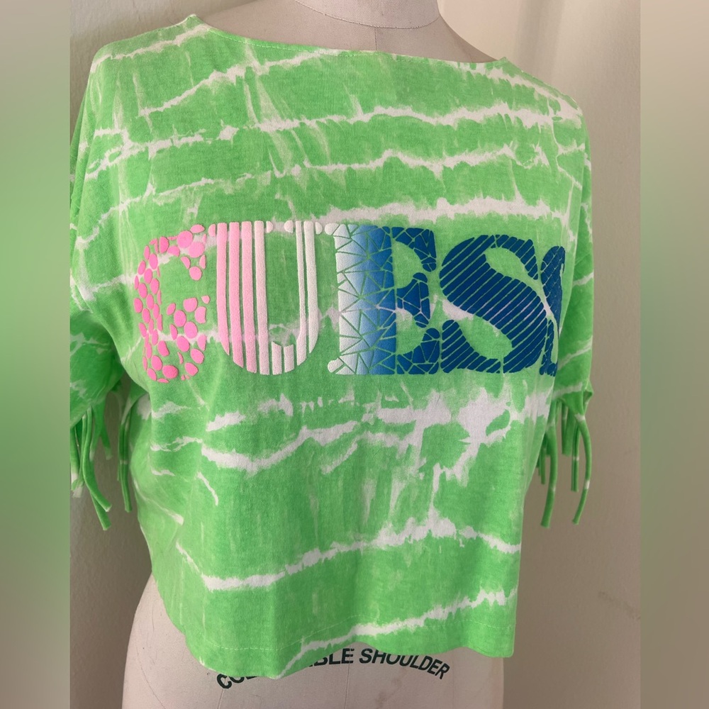 Vintage 80s Neon Green Tie-dye Guess Crop Top T-Shirt w/ Fringe M Puffy Paint